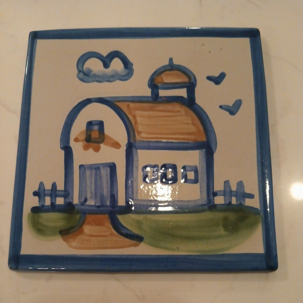 M A Hadley Pottery Tile Trivet Country Scene With Barn (6 inch)